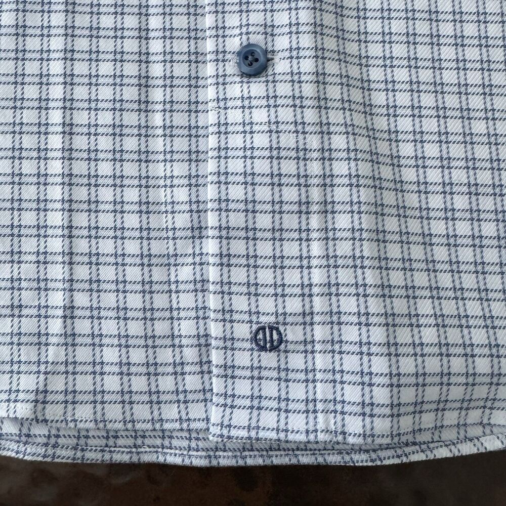 David Donahue Trim Fit‎ Dress Shirt Mens 14.5 32/33 White Blue Plaid Check Slim - Picture 10 of 14